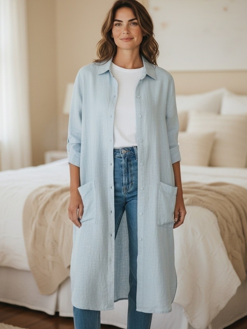 Jones New York Light Blue Long Button-Up Tunic